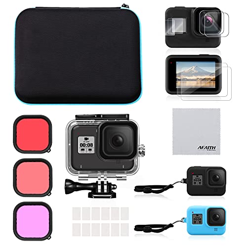 AFAITH Kit de Accesorios Set para GoPro Hero 8 Black, Estuche de Transporte Bolsa de Almacenamiento +Carcasa Impermeable Subacuática +Filtros para Buceo+Funda de Silicona+Protectores de Pantalla