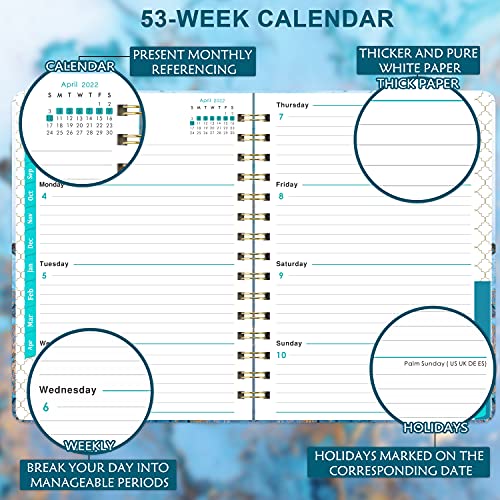 Agenda 2021 - a5 Visualización semanal de enero a diciembre de 2021, tapa dura con bolsillo, papel grueso, bandas, encuadernación con dos cables, pestañas, Dorado azul