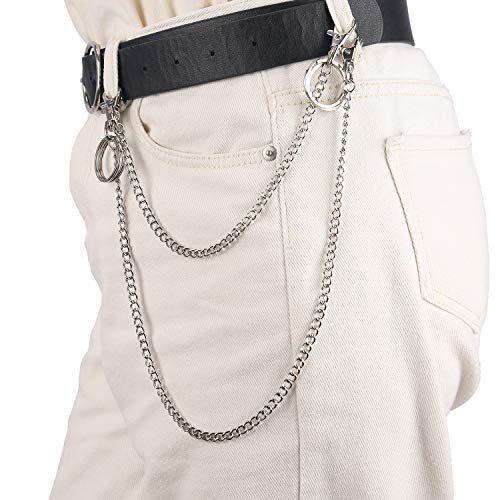 AIEX 3 Piezas Cadenas para Pantalones, Cadena de Billetera, Llavero de Plata con Dos Cierres de Langosta y Dos Llaveros para Jeans, Jantalones, Bolsos (32 cm, 48 cm, 52 cm)