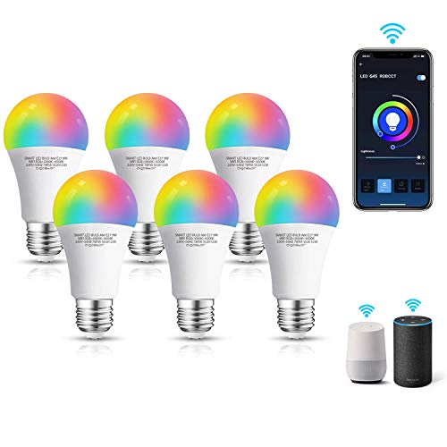 Aigostar 6 Pack Bombilla LED inteligente WiFi A60， 9W， E27 rosca gorda， RGB + CW. Regulable multicolor+luz cálida o blanca 3000 a 6500K， 800lm. Compatible Alexa y Google Home， energética A+
