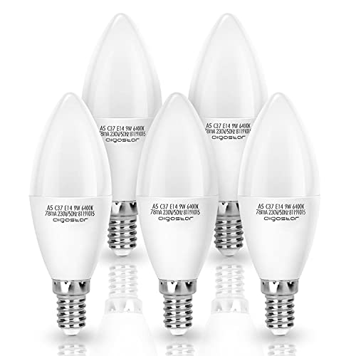 Aigostar Bombilla LED E14 Vela Luz Fría 6500K,9W Equivalente a 55W, 720 Lúmenes, C37,No regulable -5 unidades