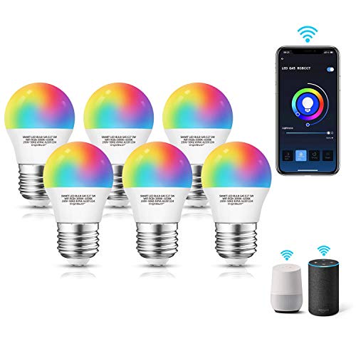 Aigostar Bombilla LED inteligente WiFi G45, 5W, E27 rosca gorda, RGB+CCT. Regulable multicolor+luz cálida o blanca 3000 a 6500K, 500lm. Compatible Alexa y Google Home[Clase energética A +] Pack 6 uds
