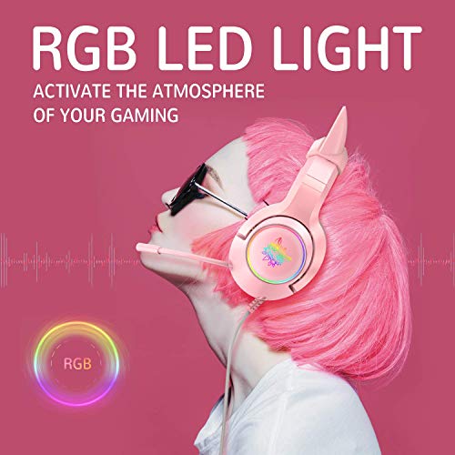 AJIJAR Auriculares para juegos de color rosa con orejas de gato desmontables, adecuados para PS4, sonido envolvente, luz LED RGB y micrófono telescópico con cancelación de ruido