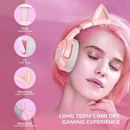 AJIJAR Auriculares para juegos de color rosa con orejas de gato desmontables, adecuados para PS4, sonido envolvente, luz LED RGB y micrófono telescópico con cancelación de ruido