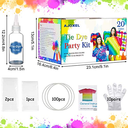 AJOXEL Tintes para Ropa, 20 Coloresx60ml Pinturas Textiles Permanentes Tie Dye Kit, Pigmentos, Guantes, Delantal, Gomas, Mantel Kit DIY Manualidas Teñir Prendas Regalo Fiestas Niños Adultos