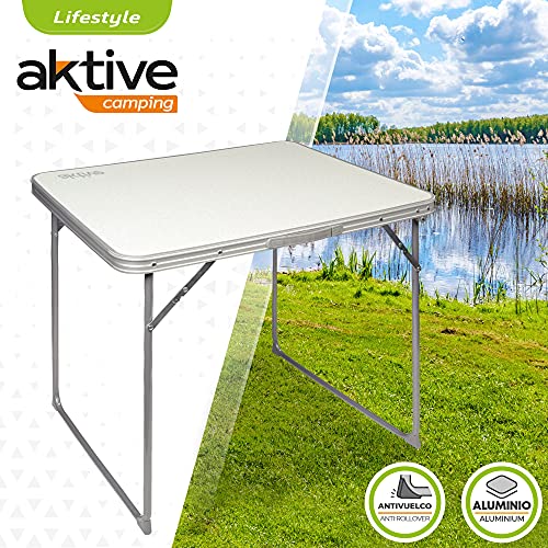 Aktive 52814 - Mesa camping plegable, Mesa ligera, patas plegables, 80x60x70 cm, madera MDF, estructura de acero, color blanco, asa de transporte