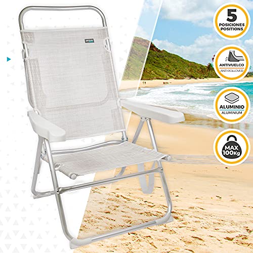 Aktive 53976 - Silla plegable alta con respaldo reclinable, Silla de playa, mide 63x57x99 cm, altura del asiento 33 cm, color beige, Aktive Beach, con asa de transporte