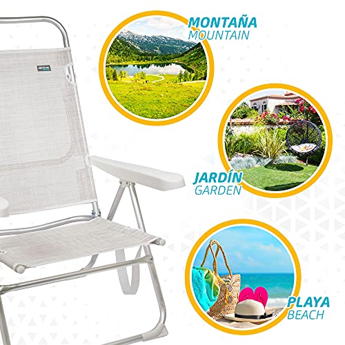 Aktive 53976 - Silla plegable alta con respaldo reclinable, Silla de playa, mide 63x57x99 cm, altura del asiento 33 cm, color beige, Aktive Beach, con asa de transporte