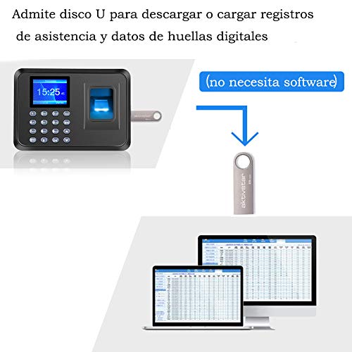 Aktivstar Máquina Fichar de Asistencia Biométrica de Huella Dactilar con Sistema Española Pantalla LCD Memoria de 8GB, con Capacidad de 1000 Huellas de fichar