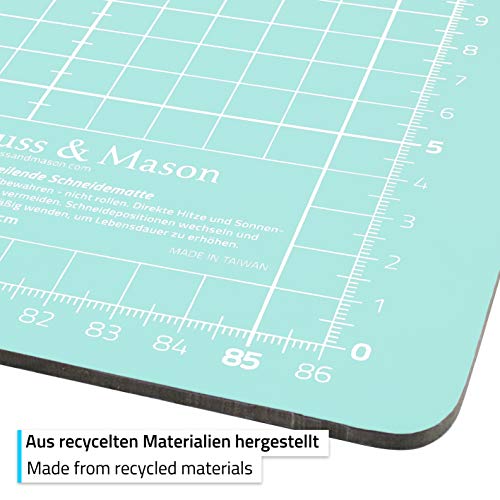 Alfombrilla de corte autorregenerable A1 en azul, rosa y verde. Perfecta para coser, manualidades y patchwork. Impresa por ambos lados 90 x 60 indicación en cm y pulgadas