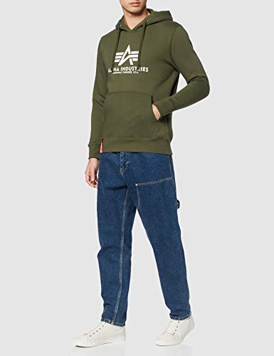 ALPHA INDUSTRIES Basic Hoody Sudadera con Capucha, Opaco, Verde (Dark Green/White), S para Hombre