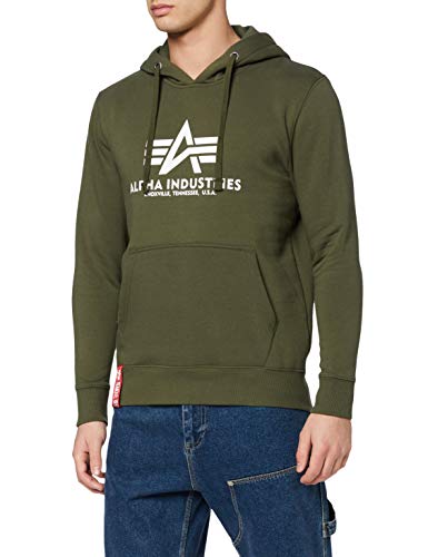 ALPHA INDUSTRIES Basic Hoody Sudadera con Capucha, Opaco, Verde (Dark Green/White), S para Hombre