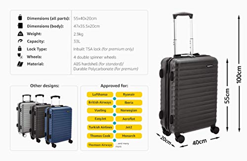 Amazon Basics - Maleta rígida con ruedas, 55 cm, tamaño para cabina, negro, apto para la mayoría de las aerolíneas de bajo coste