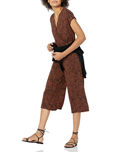 Amazon Essentials Short-Sleeve Surplice Cropped Wide-Leg Jumpsuit Mono, Camel Oscuro/Negro, Ikat, XL