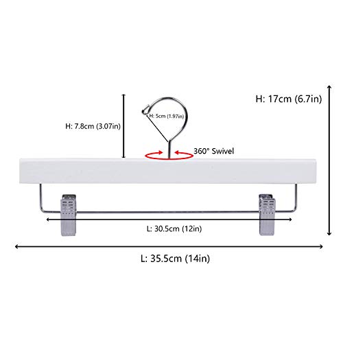 Amber Home 10 Unidades 35,5cm Perchas de Madera Blanco, Robusta y Brillante Percha para Pantalones Shorts Faldas Calcetines y Ropa Interior, con Clips Antideslizantes y Ganchos Giratorios