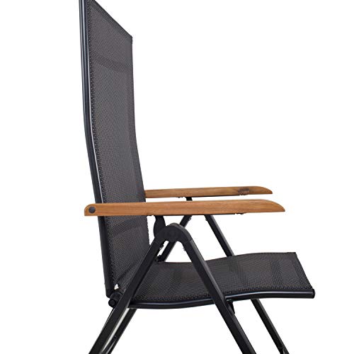 Ambientehome Juego de 2 sillas plegables de aluminio de lujo con respaldo alto y reposabrazos de madera de acacia negra 4 x 4