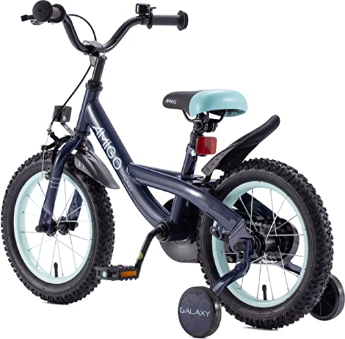 Amigo Galaxy - Bicicleta infantil para niño, 14 pulgadas, con freno de mano, contrapedal, portaequipajes delantero, manillar acolchado y ruedas de apoyo, para niños a partir de 3 años, color azul
