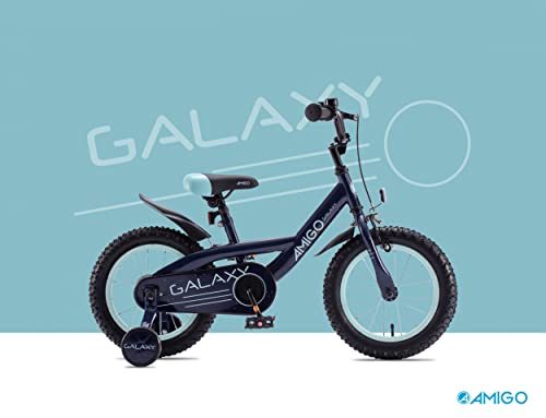 Amigo Galaxy - Bicicleta infantil para niño, 14 pulgadas, con freno de mano, contrapedal, portaequipajes delantero, manillar acolchado y ruedas de apoyo, para niños a partir de 3 años, color azul