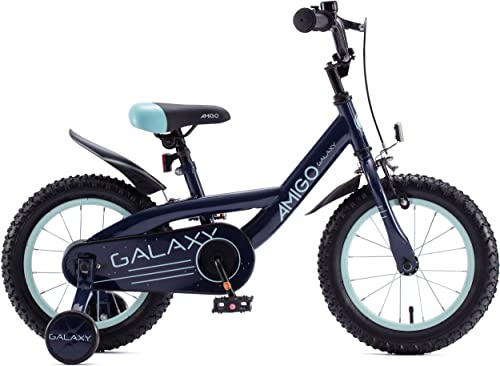 Amigo Galaxy - Bicicleta infantil para niño, 14 pulgadas, con freno de mano, contrapedal, portaequipajes delantero, manillar acolchado y ruedas de apoyo, para niños a partir de 3 años, color azul
