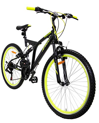 Amigo Racer - Bicicleta de montaña para niños y niñas, 24 pulgadas, Shimano 18 velocidades, a partir de 135 cm, con freno de mano y muletas para bicicleta, color negro y amarillo