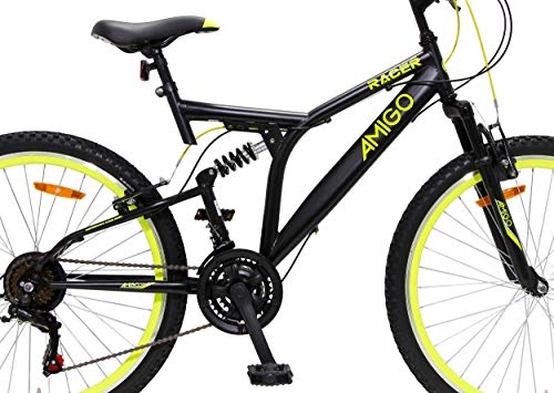 Amigo Racer - Bicicleta de montaña para niños y niñas, 24 pulgadas, Shimano 18 velocidades, a partir de 135 cm, con freno de mano y muletas para bicicleta, color negro y amarillo