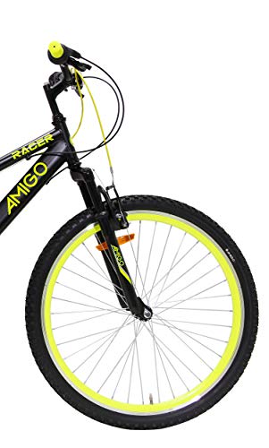 Amigo Racer - Bicicleta de montaña para niños y niñas, 24 pulgadas, Shimano 18 velocidades, a partir de 135 cm, con freno de mano y muletas para bicicleta, color negro y amarillo