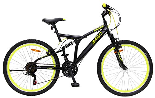 Amigo Racer - Bicicleta de montaña para niños y niñas, 24 pulgadas, Shimano 18 velocidades, a partir de 135 cm, con freno de mano y muletas para bicicleta, color negro y amarillo