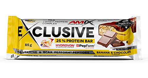 AMIX - Barritas de Proteína Exclusive - 12 x 85 g - Acelera la Recuperación Muscular - Snack Deportivo con Alto Contenido en Proteínas - Sabor Plátano y Chocolate