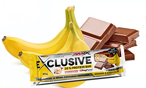 AMIX - Barritas de Proteína Exclusive - 12 x 85 g - Acelera la Recuperación Muscular - Snack Deportivo con Alto Contenido en Proteínas - Sabor Plátano y Chocolate