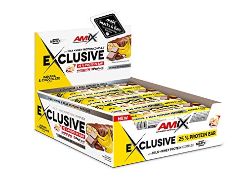 AMIX - Barritas de Proteína Exclusive - 12 x 85 g - Acelera la Recuperación Muscular - Snack Deportivo con Alto Contenido en Proteínas - Sabor Plátano y Chocolate