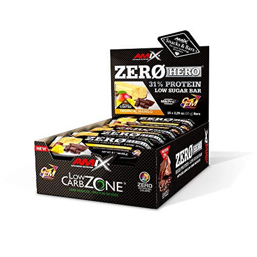 AMIX - Barritas de Proteínas Zero Hero - 12 barritas - Favorece la Recuperación Muscular - Snack Deportivo con Alto Contenido en Proteínas - Sabor Mango