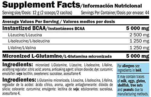 AMIX - Bcaa Glutamina - 530 Gramos - Complemento Alimenticio de Glutamina en Polvo - Reduce el Catabolismo Muscular - Óptimo para Deportistas - Sabor Piña - Aminoácidos Ramificados