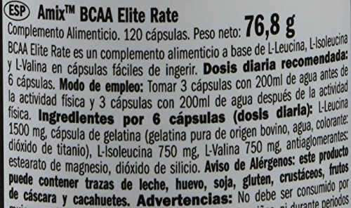 AMIX - BCCA Elite Rate 120 Cápsulas - Favorece la Recuperación Muscular y Ayuda a Definir los Músculos - Aporta Aminoácidos Esenciales - BCAA Glutamina