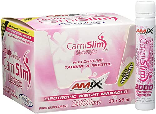 Amix - CarniSlim - Suplemento Alimenticio - Quemador de Grasa - Contiene Cafeína - Mejora del Rendimiento -Nutrición Deportiva - Sabor a Limón - 20 Ampollas de 25 ml