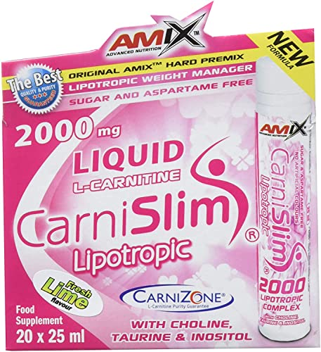 Amix - CarniSlim - Suplemento Alimenticio - Quemador de Grasa - Contiene Cafeína - Mejora del Rendimiento -Nutrición Deportiva - Sabor a Limón - 20 Ampollas de 25 ml