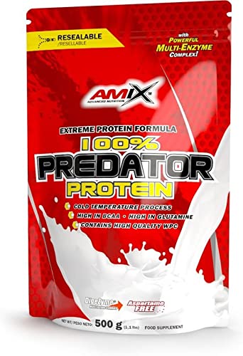 Amix Predator Protein Doypack 500gr - Proteína que contiene L-glutamina y DigeZyme, Contriubye al Crecimiento Muscular + Libre de Aspartamo Sabor Fresa