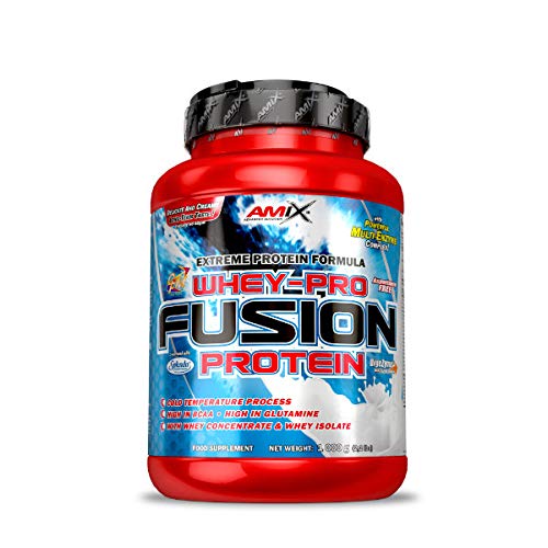 Amix - Proteína Whey Pure Fusion, Ayuda a Tonificar y Aumentar la Masa Muscular, Rica en BCCAs y Glutamina, Fácil Digestión, Baja en Grasas, Proteína en Polvo, 1 Kg, Sabor Fresa