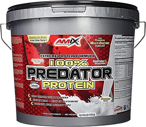 AMIX, Proteínas para Aumentar Masa Muscular con Sabor Plátano, Predator en Formato Bote de 4 Kg, Ayuda al Crecimiento Muscular, Libre de Aspartamo, Ideal para Batidos de Proteínas