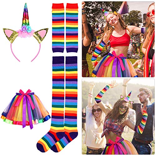 Amosfun Falda de Tutú Arcoiris Vestido de Gasa Falda de Princesa Diadema de Unicornio Medias Guantes Medias de Arcoiris Disfraz de Carnaval