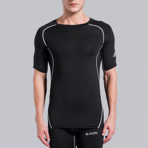 AMZSPORT Camiseta de compresión de Mangas Corta para Hombre Deportes de Secado Rápido Funcionamiento Baselayer, Negro, M
