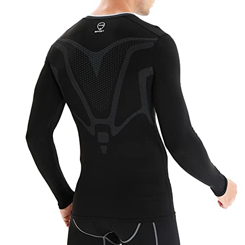 AMZSPORT Camiseta De Manga Larga de Compresión Ropa Deportiva Base Layer para Running Fitness, Negro, XL