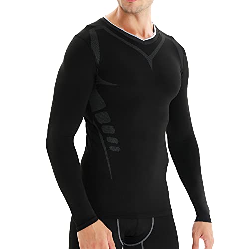 AMZSPORT Camiseta De Manga Larga de Compresión Ropa Deportiva Base Layer para Running Fitness, Negro, XL