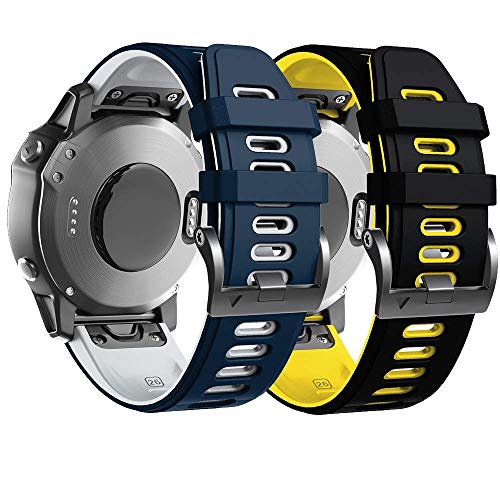 ANBEST Pulsera de Silicona Compatible con Fenix 6X/Fenix 5X Correa, Pulsera de Repuesto de 26mm con Liberación Rápida para Fenix 5X Plus/Fenix 6X Pro/Fenix 3/Fenix 3HR, Negro/Amarillo + Azul Oscuro