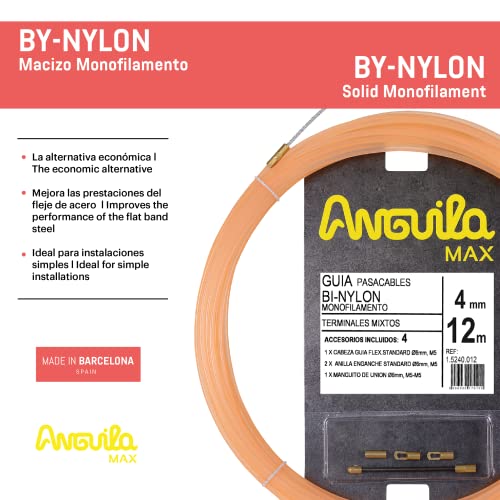 Anguila - Max Guía pasacables BI-Nylon Monofilamento, 12 m, 4mm, Terminales Mixtos, Salmón.