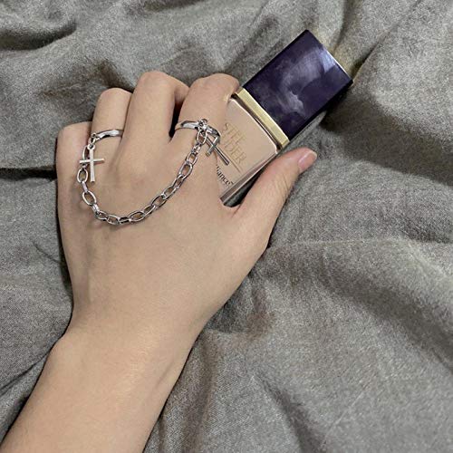 Anillo Ajustable Apertura Hembra Mujer niña Silver Color Plateado Retro Punk Hip-Hop Cross-Hop Cross Ring Hand Finger Chain Adjustable Rings Jewelry Gift for Men Women Unisex Ring