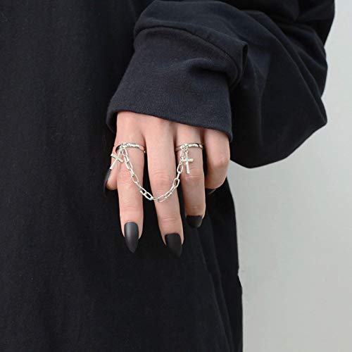 Anillo Ajustable Apertura Hembra Mujer niña Silver Color Plateado Retro Punk Hip-Hop Cross-Hop Cross Ring Hand Finger Chain Adjustable Rings Jewelry Gift for Men Women Unisex Ring