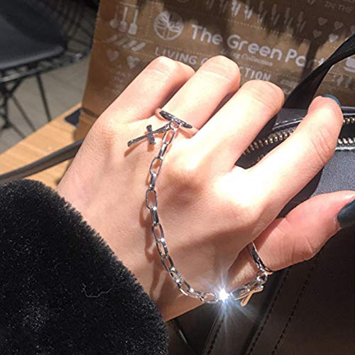 Anillo Ajustable Apertura Hembra Mujer niña Silver Color Plateado Retro Punk Hip-Hop Cross-Hop Cross Ring Hand Finger Chain Adjustable Rings Jewelry Gift for Men Women Unisex Ring