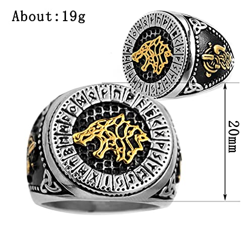 Anillo de Dedo de Lobo Vikingo Fenrir para Hombre Anillo con Símbolo de Runa Retro de Acero Inoxidable Anillo Motero Talismán Nórdico,Oro,10