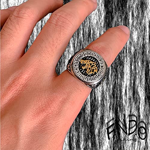 Anillo de Dedo de Lobo Vikingo Fenrir para Hombre Anillo con Símbolo de Runa Retro de Acero Inoxidable Anillo Motero Talismán Nórdico,Oro,10