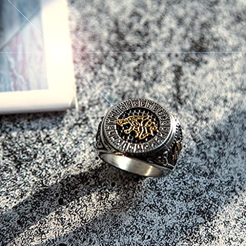 Anillo de Dedo de Lobo Vikingo Fenrir para Hombre Anillo con Símbolo de Runa Retro de Acero Inoxidable Anillo Motero Talismán Nórdico,Oro,10